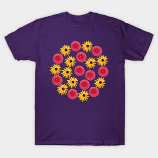 Red Dahlia and Yellow Daisy Floral Group T-Shirt